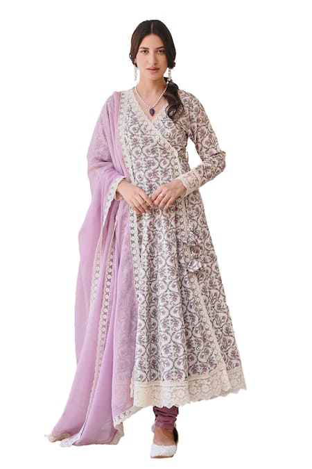 Karaj Jaipur Purple Cotton, Kota Doria Lace, Embroidery Floral Vine Angrakha Anarkali Set Online at Aza Fashions Karaj Jaipur_Purple Cotton, Kota Doria Lace, Embroidery Floral Vine Angrakha Anarkali Set_Online_at_Aza_Fashions