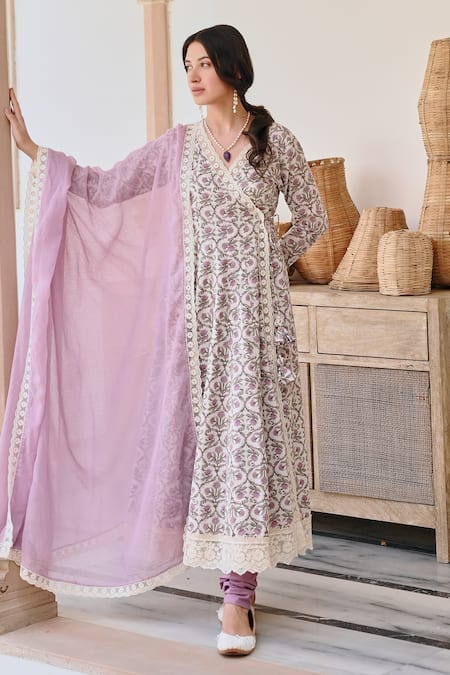 Shop Karaj Jaipur Purple Cotton, Kota Doria Lace, Embroidery Floral Vine Angrakha Anarkali Set Online at Aza Fashions Shop_Karaj Jaipur_Purple Cotton, Kota Doria Lace, Embroidery Floral Vine Angrakha Anarkali Set_Online_at_Aza_Fashions