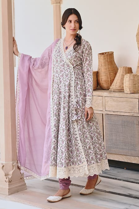 Karaj Jaipur Purple Cotton, Kota Doria Lace, Embroidery Floral Vine Angrakha Anarkali Set at Aza Fashions Karaj Jaipur_Purple Cotton, Kota Doria Lace, Embroidery Floral Vine Angrakha Anarkali Set_at_Aza_Fashions