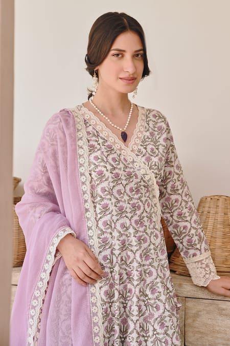 Buy Karaj Jaipur Purple Cotton, Kota Doria Lace, Embroidery Floral Vine Angrakha Anarkali Set Buy_Karaj Jaipur_Purple Cotton, Kota Doria Lace, Embroidery Floral Vine Angrakha Anarkali Set