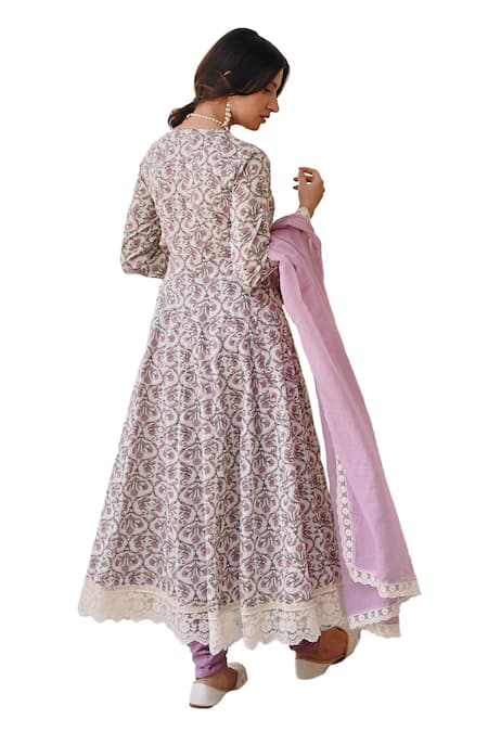 Shop Karaj Jaipur Purple Cotton, Kota Doria Lace, Embroidery Floral Vine Angrakha Anarkali Set Shop_Karaj Jaipur_Purple Cotton, Kota Doria Lace, Embroidery Floral Vine Angrakha Anarkali Set