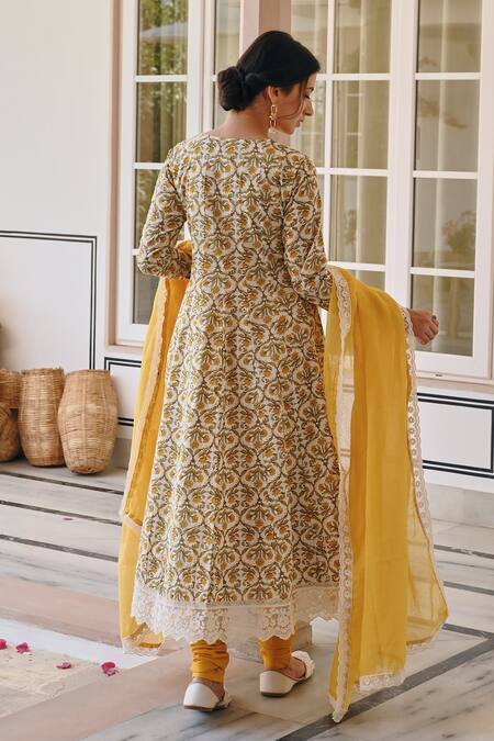 Shop_Karaj Jaipur_Yellow Cotton, Kota Doria Lace Scoop Neck Printed Angrakha Anarkali Set_at_Aza_Fashions