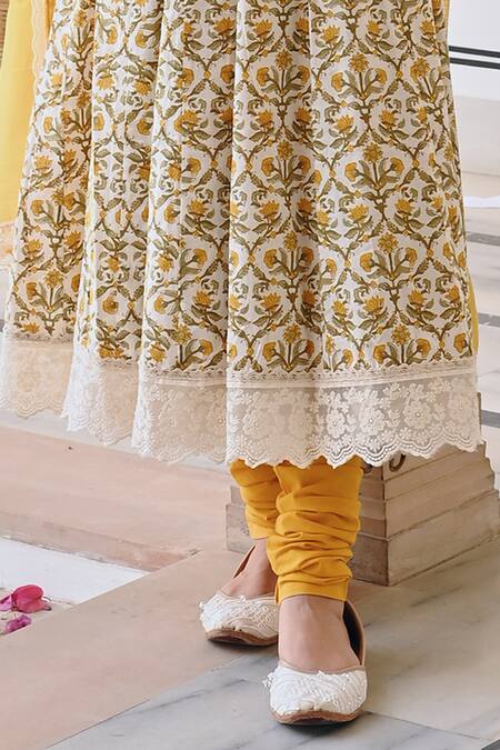 Karaj Jaipur_Yellow Cotton, Kota Doria Lace Scoop Neck Printed Angrakha Anarkali Set_Online_at_Aza_Fashions