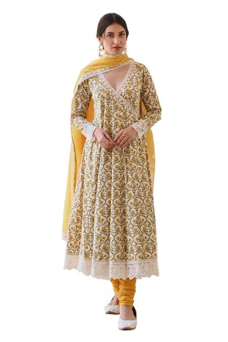 Buy_Karaj Jaipur_Yellow Cotton, Kota Doria Lace Scoop Neck Printed Angrakha Anarkali Set_Online_at_Aza_Fashions