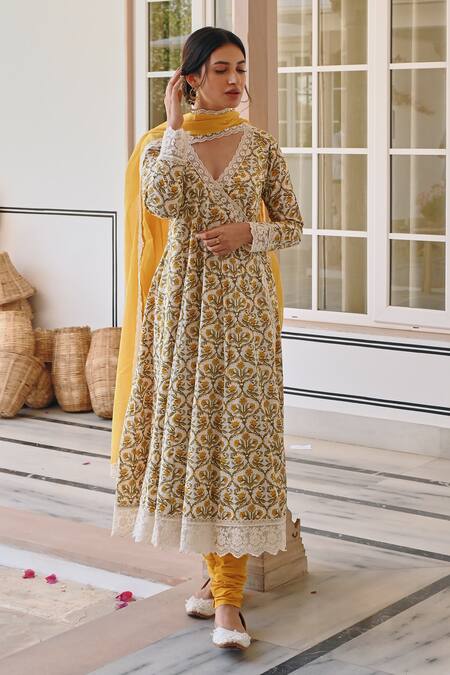 Shop_Karaj Jaipur_Yellow Cotton, Kota Doria Lace Scoop Neck Printed Angrakha Anarkali Set_Online_at_Aza_Fashions