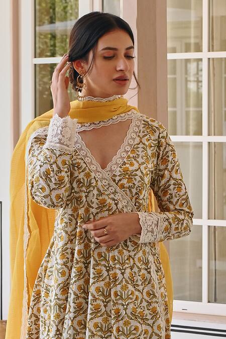 Karaj Jaipur_Yellow Cotton, Kota Doria Lace Scoop Neck Printed Angrakha Anarkali Set_at_Aza_Fashions