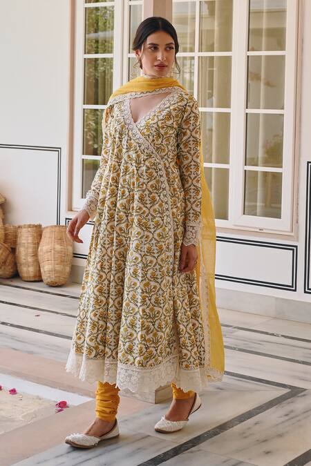 Buy_Karaj Jaipur_Yellow Cotton, Kota Doria Lace Scoop Neck Printed Angrakha Anarkali Set