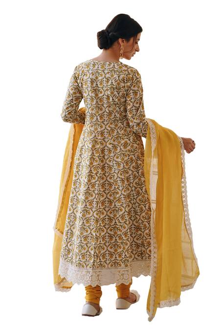 Shop_Karaj Jaipur_Yellow Cotton, Kota Doria Lace Scoop Neck Printed Angrakha Anarkali Set