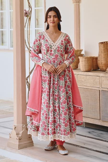 KARAJ JAIPUR Red Angrakha Anarkali And Pant Cotton Printed Floral Vine Scallop V Neck Set