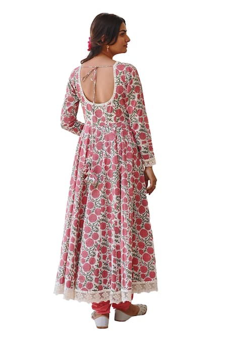 Buy Karaj Jaipur Red Cotton, Kota Doria Lace Scoop Neck Floral Vine Print Angrakha Anarkali Set Online at Aza Fashions Buy_Karaj Jaipur_Red Cotton, Kota Doria Lace Scoop Neck Floral Vine Print Angrakha Anarkali Set _Online_at_Aza_Fashions