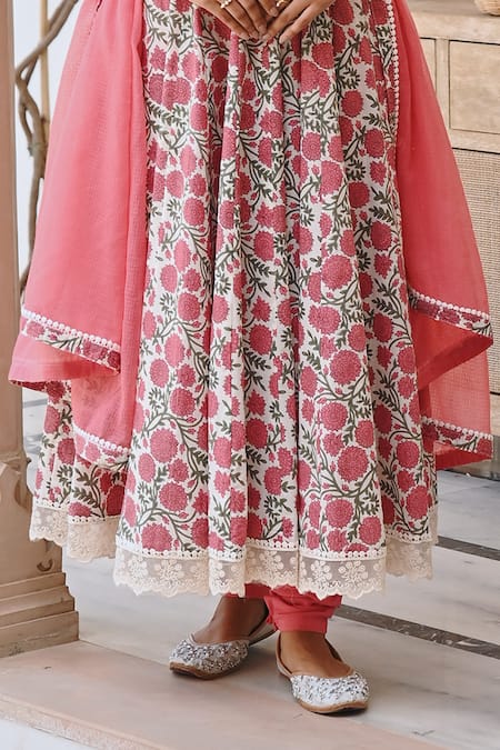 Shop Karaj Jaipur Red Cotton, Kota Doria Lace Scoop Neck Floral Vine Print Angrakha Anarkali Set Online at Aza Fashions Shop_Karaj Jaipur_Red Cotton, Kota Doria Lace Scoop Neck Floral Vine Print Angrakha Anarkali Set _Online_at_Aza_Fashions