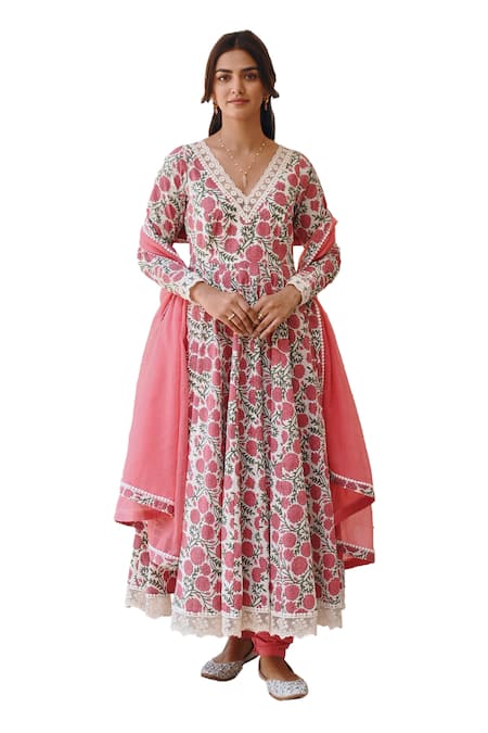 Karaj Jaipur Red Cotton, Kota Doria Lace Scoop Neck Floral Vine Print Angrakha Anarkali Set at Aza Fashions Karaj Jaipur_Red Cotton, Kota Doria Lace Scoop Neck Floral Vine Print Angrakha Anarkali Set _at_Aza_Fashions