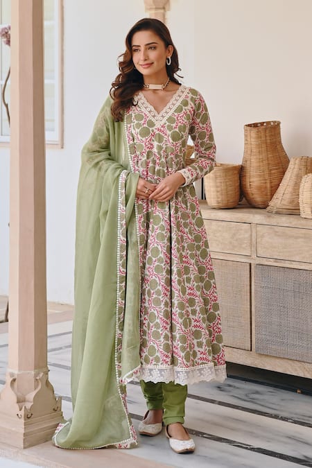 KARAJ JAIPUR Green Anarkali And Pant Cotton Printed Floral Jaal Scallop V Neck Set