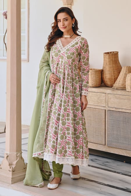Karaj Jaipur Green Cotton, Kota Doria Lace, Embroidery Scoop Floral Jaal Print Anarkali Set Online at Aza Fashions Karaj Jaipur_Green Cotton, Kota Doria Lace, Embroidery Scoop Floral Jaal Print Anarkali Set _Online_at_Aza_Fashions