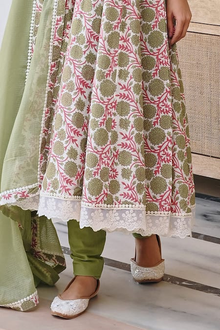 Buy Karaj Jaipur Green Cotton, Kota Doria Lace, Embroidery Scoop Floral Jaal Print Anarkali Set Online at Aza Fashions Buy_Karaj Jaipur_Green Cotton, Kota Doria Lace, Embroidery Scoop Floral Jaal Print Anarkali Set _Online_at_Aza_Fashions