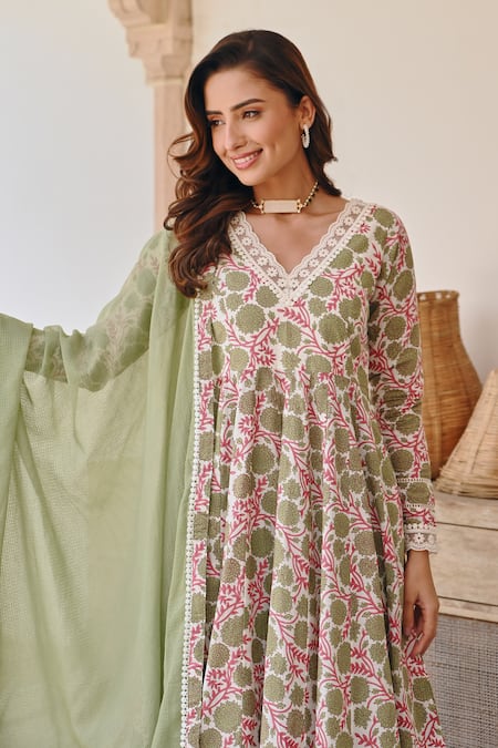 Karaj Jaipur Green Cotton, Kota Doria Lace, Embroidery Scoop Floral Jaal Print Anarkali Set at Aza Fashions Karaj Jaipur_Green Cotton, Kota Doria Lace, Embroidery Scoop Floral Jaal Print Anarkali Set _at_Aza_Fashions