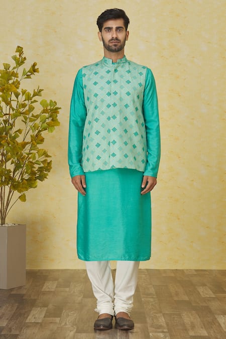 Buy Priyanka Haralalka Green Chanderi Silk, Cotton, Kota Doria Checkered Resham Bundi Kurta Set Online at Aza Fashions Buy_Priyanka Haralalka_Green Chanderi Silk, Cotton, Kota Doria Checkered Resham Bundi Kurta Set _Online_at_Aza_Fashions