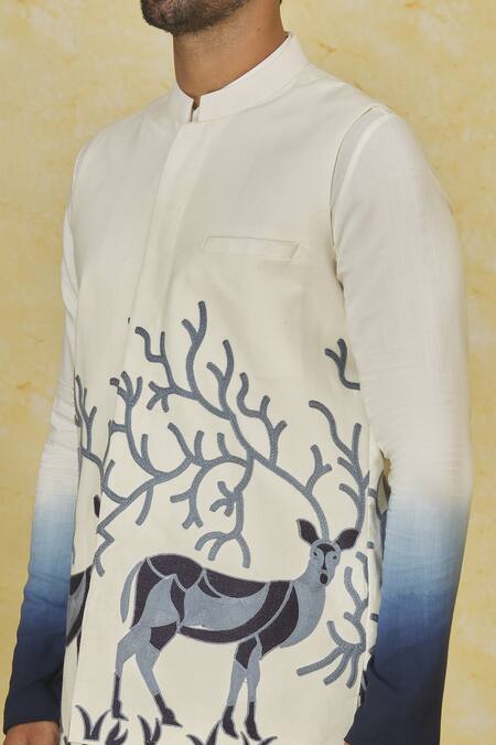 Shop Priyanka Haralalka Off White , Satin Embroidery Deer Bundi Kurta Set Online at Aza Fashions Shop_Priyanka Haralalka_Off White , Satin Embroidery Deer Bundi Kurta Set _Online_at_Aza_Fashions