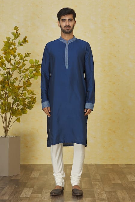 Priyanka Haralalka Blue Kota Doria, Silk, Cotton Embroidery Kantha Stitch Bundi Kurta Set Online at Aza Fashions Priyanka Haralalka_Blue Kota Doria, Silk, Cotton Embroidery Kantha Stitch Bundi Kurta Set _Online_at_Aza_Fashions