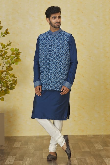 Buy Priyanka Haralalka Blue Kota Doria, Silk, Cotton Embroidery Kantha Stitch Bundi Kurta Set Online at Aza Fashions Buy_Priyanka Haralalka_Blue Kota Doria, Silk, Cotton Embroidery Kantha Stitch Bundi Kurta Set _Online_at_Aza_Fashions