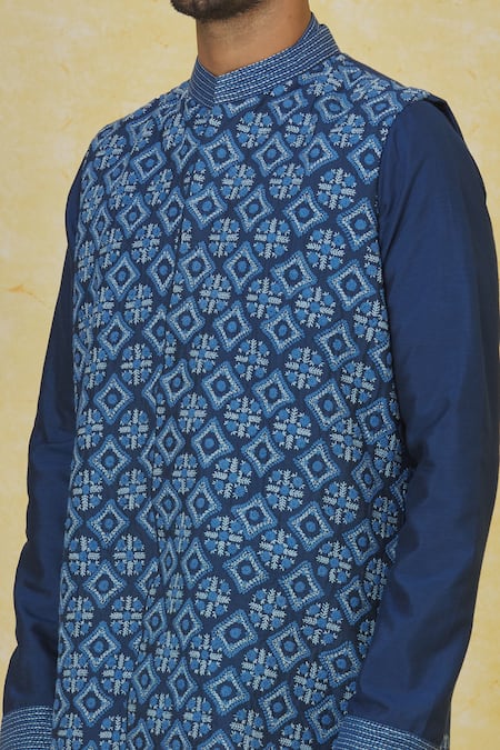 Shop Priyanka Haralalka Blue Kota Doria, Silk, Cotton Embroidery Kantha Stitch Bundi Kurta Set Online at Aza Fashions Shop_Priyanka Haralalka_Blue Kota Doria, Silk, Cotton Embroidery Kantha Stitch Bundi Kurta Set _Online_at_Aza_Fashions