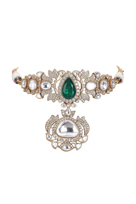 Buy_Auraa Trends_Green Zari Kundan Embellished Pendant Choker Set _Online_at_Aza_Fashions