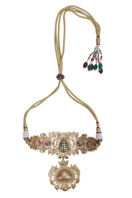 Buy_Auraa Trends_Green Zari Kundan Embellished Pendant Choker Set 