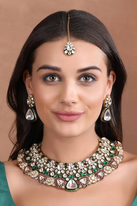 Auraa Trends_Green Beads, Diamonds Polki Studded Choker Set _Online_at_Aza_Fashions