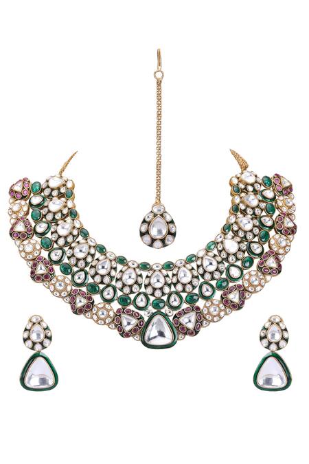 Buy_Auraa Trends_Green Beads, Diamonds Polki Studded Choker Set _Online_at_Aza_Fashions
