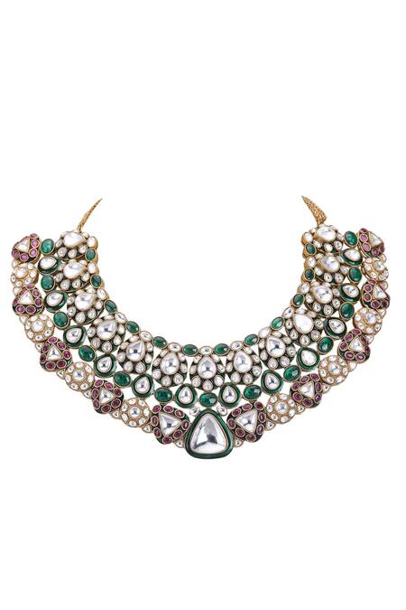 Shop_Auraa Trends_Green Beads, Diamonds Polki Studded Choker Set _Online_at_Aza_Fashions