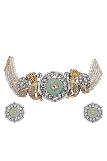 Buy_Auraa Trends_Gold Plated Stones, Beads Peacock Carved Pendant Choker Set _Online_at_Aza_Fashions