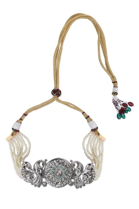 Shop_Auraa Trends_Gold Plated Stones, Beads Peacock Carved Pendant Choker Set 