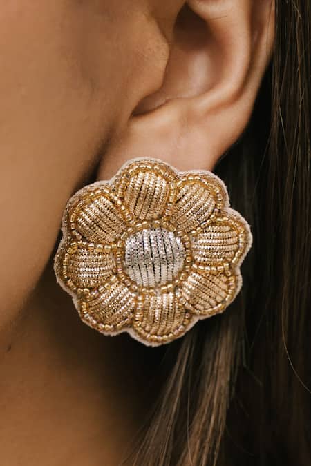 Shop Moirra Gold Plated Beads, Zari Gul Sunheri Studs at Aza Fashions Shop_Moirra_Gold Plated Beads, Zari Gul Sunheri Studs _at_Aza_Fashions