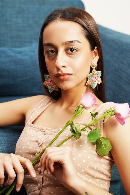 Moirra_Pink Sequins, Embroidery Khushboo Starlet Earrings _Online_at_Aza_Fashions