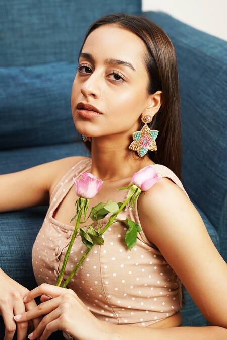Buy_Moirra_Pink Sequins, Embroidery Khushboo Starlet Earrings _Online_at_Aza_Fashions