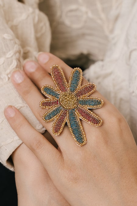 Moirra_Multi Color Bows, Beads Madhavi Floweret Ring _Online_at_Aza_Fashions
