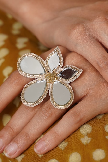 Moirra_Gold Plated Zari, Mirrors Phool Ring _Online_at_Aza_Fashions