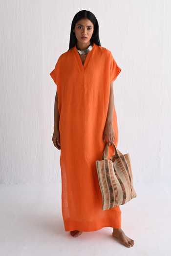 Shorshe Clothing_Orange Linen Solid V-neck Dress_Online_at_Aza_Fashions
