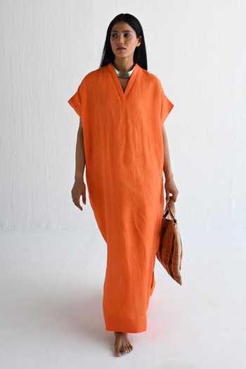 Buy_Shorshe Clothing_Orange Linen Solid V-neck Dress_Online_at_Aza_Fashions