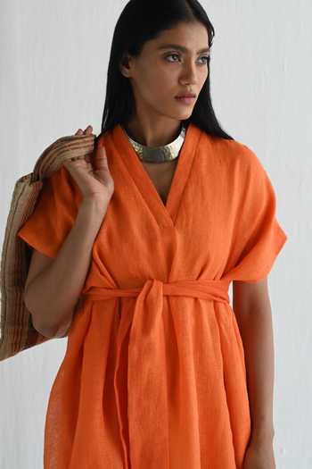 Shop_Shorshe Clothing_Orange Linen Solid V-neck Dress_Online_at_Aza_Fashions