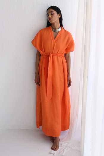 Shorshe Clothing_Orange Linen Solid V-neck Dress_at_Aza_Fashions