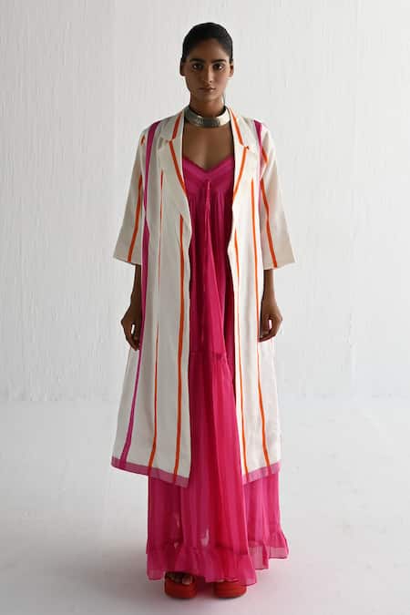 Shorshe Clothing_Ivory Silk Collared Stripe Pattern Jacket _Online_at_Aza_Fashions