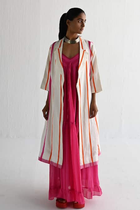 Buy_Shorshe Clothing_Ivory Silk Collared Stripe Pattern Jacket _Online_at_Aza_Fashions