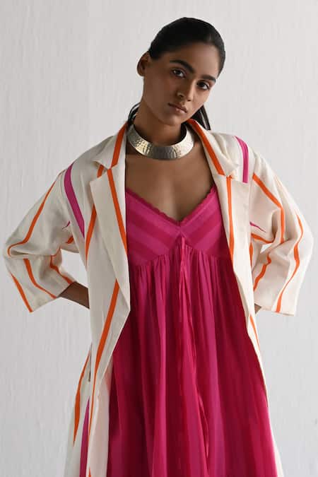 Shop_Shorshe Clothing_Ivory Silk Collared Stripe Pattern Jacket _Online_at_Aza_Fashions