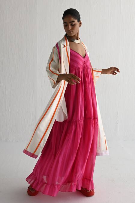 Shorshe Clothing_Ivory Silk Collared Stripe Pattern Jacket _at_Aza_Fashions