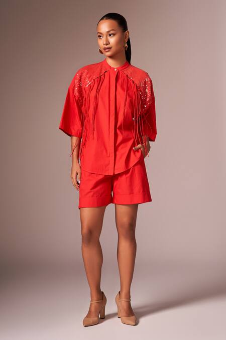 Shop_Neetiandmudita_Red Cotton Embellished Sequin Collared Detailed Oversized Shirt _at_Aza_Fashions