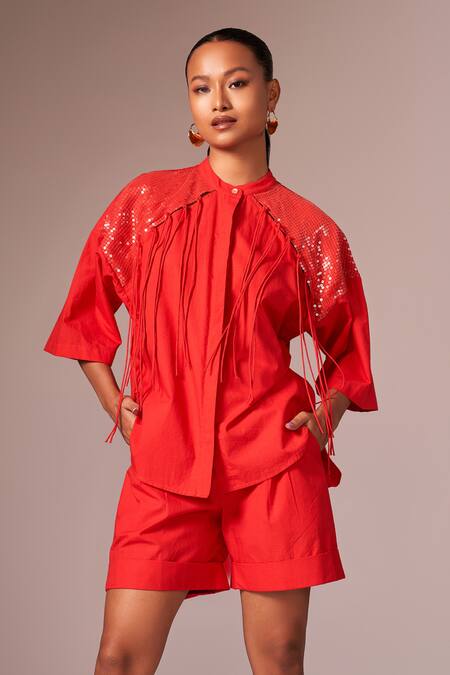 Neetiandmudita_Red Cotton Embellished Sequin Collared Detailed Oversized Shirt _Online_at_Aza_Fashions