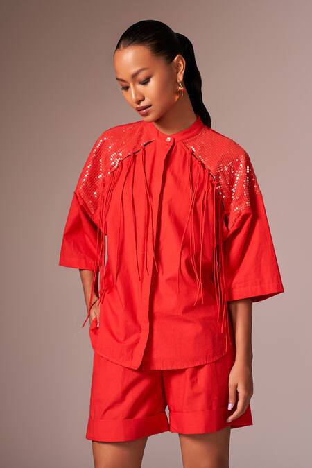 Buy_Neetiandmudita_Red Cotton Embellished Sequin Collared Detailed Oversized Shirt _Online_at_Aza_Fashions