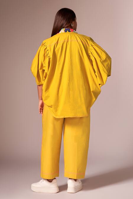 Shop_Neetiandmudita_Yellow Cotton Embellished Floral Collared Shirt And Pant Co-ord Set _at_Aza_Fashions