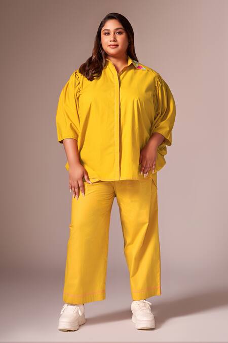Neetiandmudita_Yellow Cotton Embellished Floral Collared Shirt And Pant Co-ord Set _Online_at_Aza_Fashions